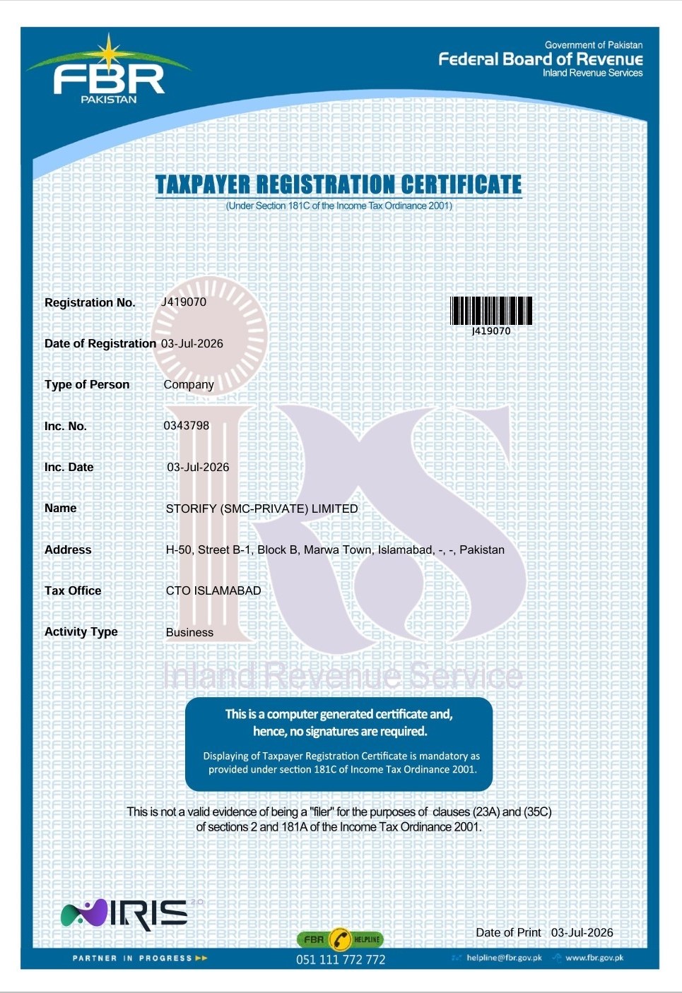 FBR Taxpayer Registration Certificate - Storify (SMC-Private) Limited